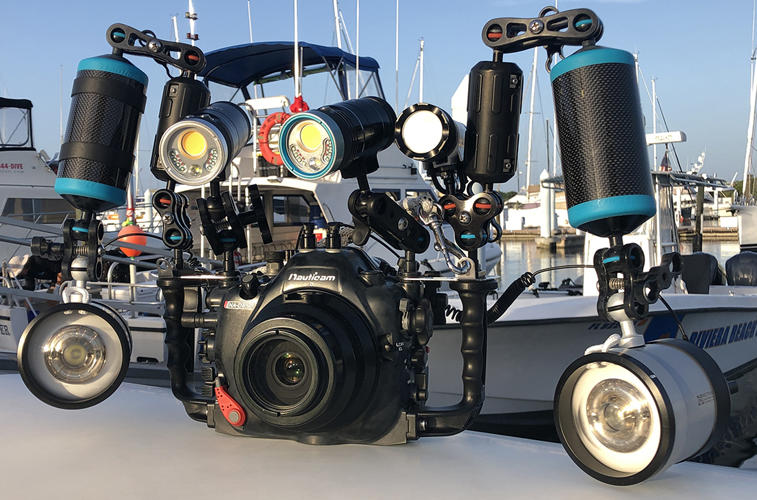 Nauticam Housing for a Nikon D850 DSLR system with two Retra Prime underwater strobes setup for blackwater macro photography.