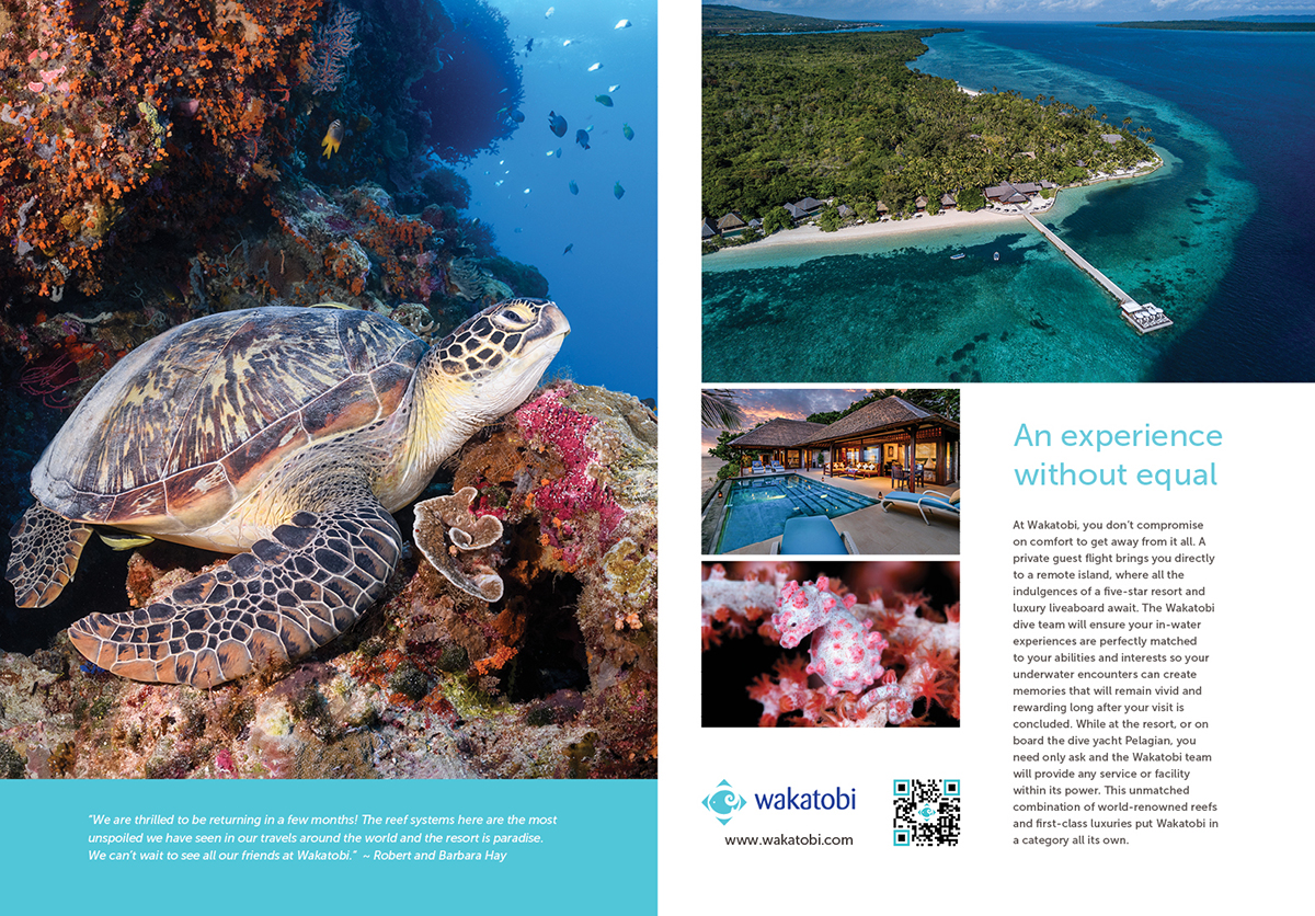 Two page ad spread for Wakatobi Dive Resort.