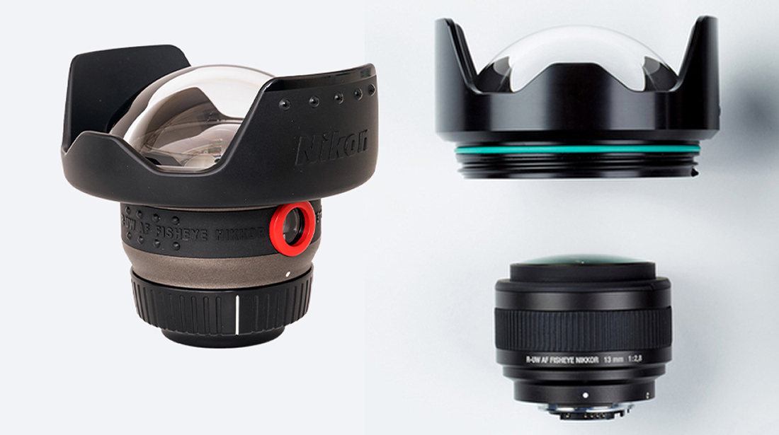 Nikonos R-UW 13mm prime fisheye lens before and after its conversion by Seacam.