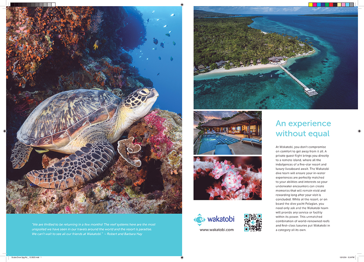 A pdf print ready two page ad created for Wakatobi Dive Resort.